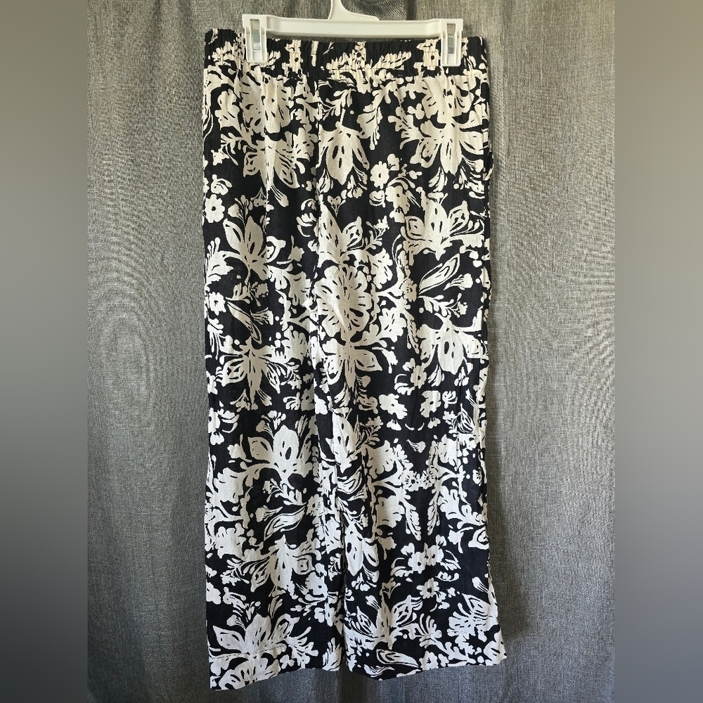 Christian Siriano Wide Leg Linen Elastic Waist Pants Black/White Floral Size M - Picture 3 of 6